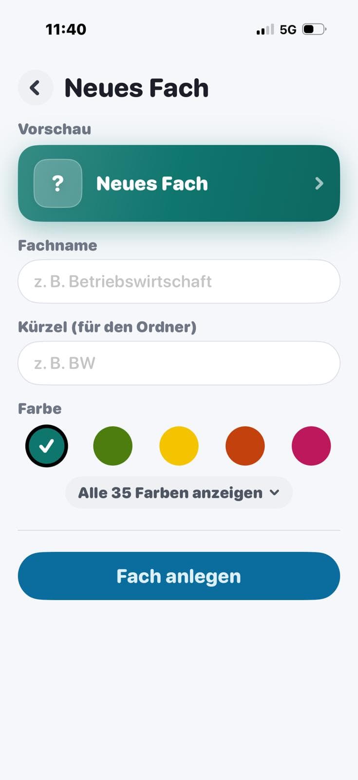 Ein neues Fach wird in Studytab angelegt