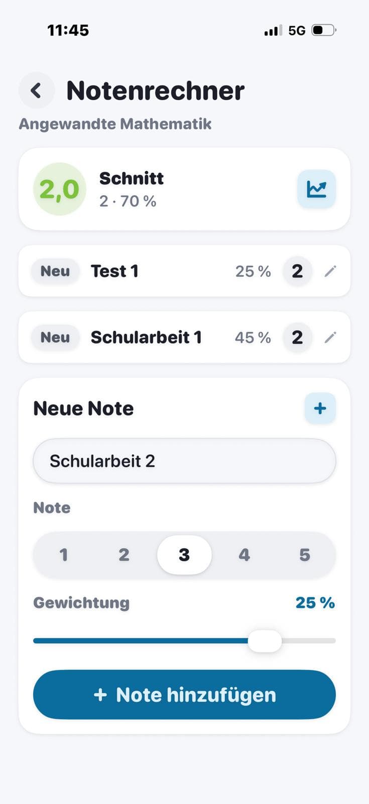 Eine neue Note wird in Studytab eingetragen