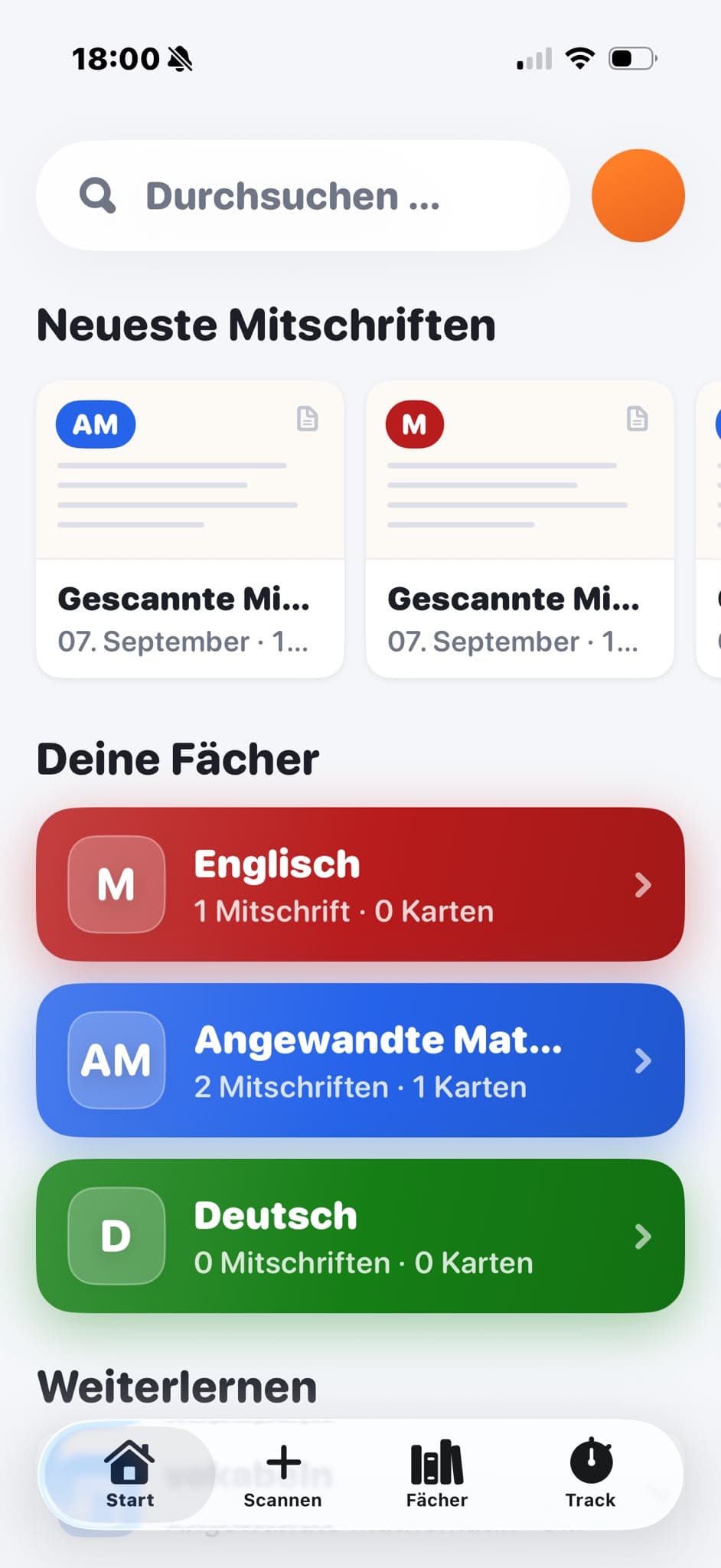 Die Startseite von Studytab mit Notenschnitt, Suche und den neuesten Mitschriften