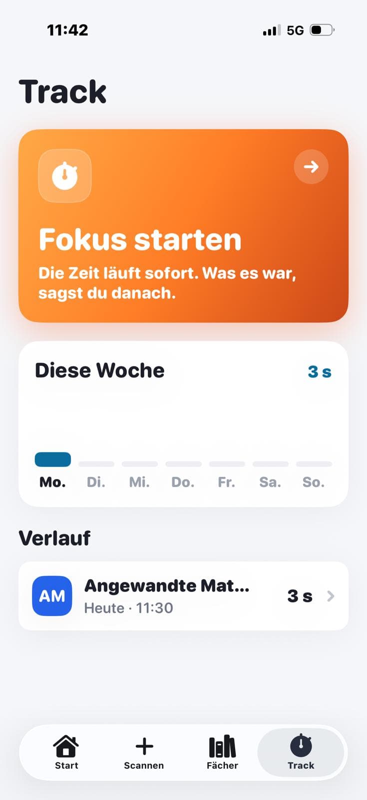 Der Track-Tab in Studytab mit Wochenbalken der Lernzeit